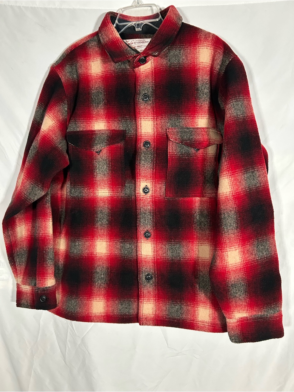NWOT FILSON RED BLACK BUFFALO MACKINAW OMBRÉ WOOL JAC-SHIRT RARE MENS XL